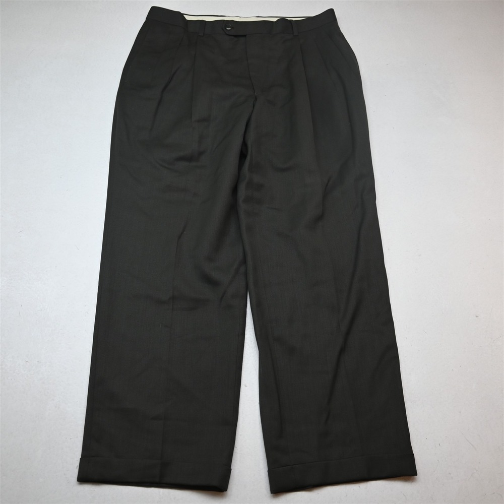 Bespoke 34x30 Olive Green Wool Pleated Cuffed Baggy Dress Mens Pants